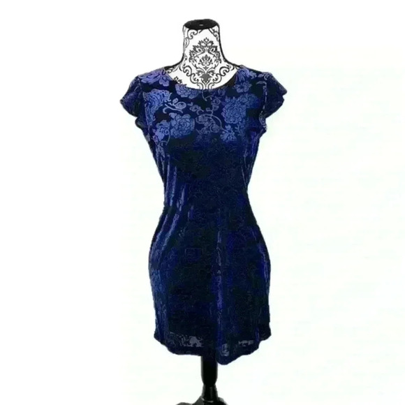 Adrienne Vittadini Blue Jacquard Velvet Ruffle Sleeve Shift Dress, XS - Picture 1 of 8